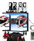 Badass Motorcycle Helmet Rack Wall Mount Featuring Remote Controlled RGB Ambient Light Strip For Grease Monkey Gear Storage With Solid Wood And Steel Build System, displaying helmets, boots, and gear on a sleek shelf.