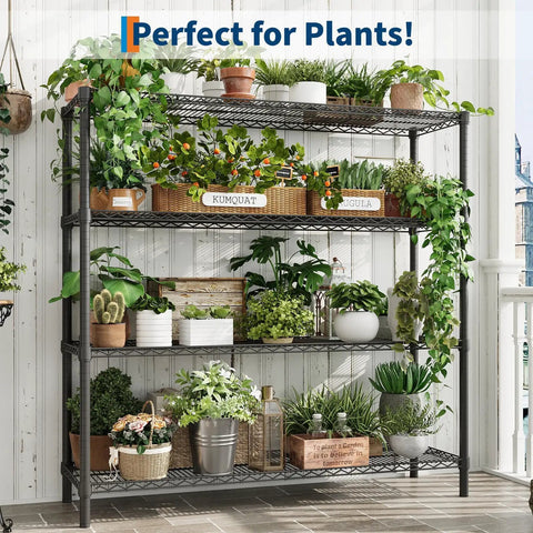 Metal 4 Tier Shelving Unit For Garage And Home Storage, 47.24 inch wide wire shelves holding various potted plants