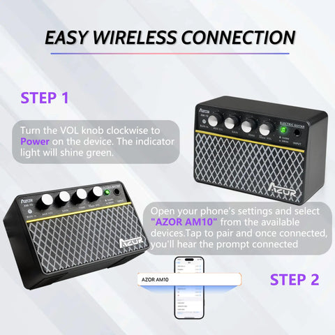 Steps to connect 10W Wireless Portable Guitar Amp With Type C Rechargeable Battery to phone for wireless use.