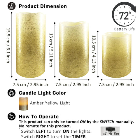 Product dimensions and operational details of LED Flameless Candles Three Pack With Remote Control And Timer Gold Beaded Glitter Finish