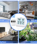 Indoor Outdoor Wireless Thermometer With 3 Remote Sensors Digital Hygrometer Temperature And Humidity Monitor With Backlit Display Quick Readings 24 Hour History Comfort Indicator Up To 200 Feet Range shown in different room settings including bedroom, baby room, living room, and greenhouse.