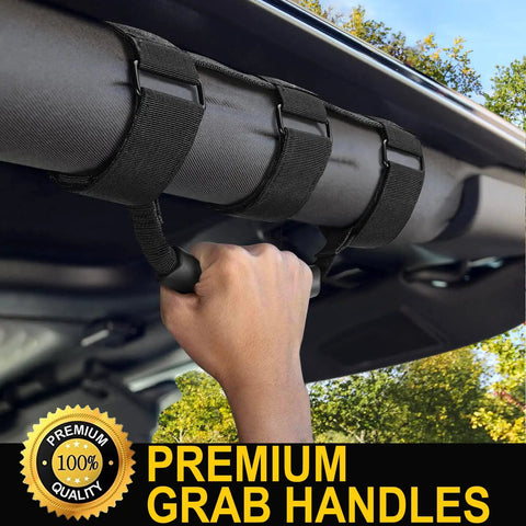 Two Pack Grab Handle Set for Jeep Wrangler TJ YJ JK 1955 to 2023, black handles with three-strap fit on roll bar, hand gripping handle.