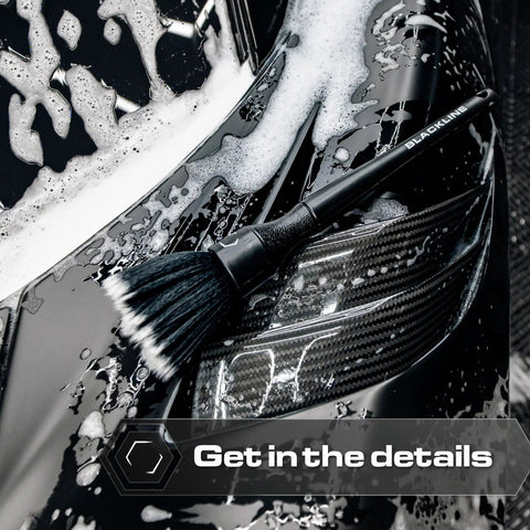 Premium Ultra Soft Feathertip Car Detailing Brushes Set For Interior And Exterior With Chemical-Resistant Handles, Your Go-To Auto Detailing Tools For Safe, Thorough Cleaning. black brush on foamy car trim
