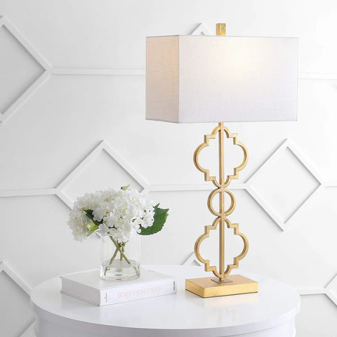 32-Inch Gold Iron Ogee Trellis Table Lamp With USB Port beside flowers on white table, modern glam geometric base, rectangle shade