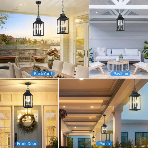 Badass Matte Black Outdoor Pendant Lighting Three Bulb Exterior Hanging Porch Fixture With Clear Glass Shades All Weather Housing for a seamless front step glow up in various settings.