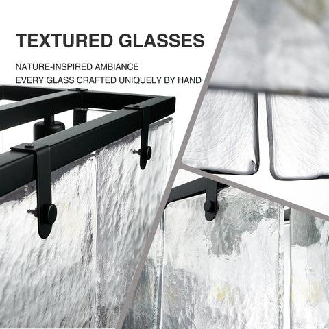Close-up of textured water ripple glass panels on 37 inch rectangular island light fixture for dining room and kitchen island.