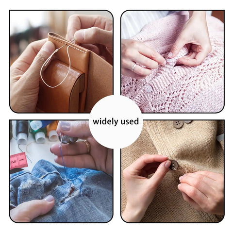 Collage showing Upholstery Repair Sewing Kit With Heavy Duty Tools, Awl, Seam Ripper, Hand Stitching Needles, Thread in use on various fabrics.