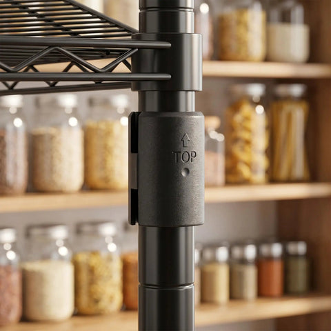 Close-up of wire shelving with 32 Pieces Wire Shelf Clips For Wire Shelving Locking in a kitchen, compatible with 1.5 inch posts