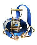Blue Premium Ratchet Tie Down 1 Inch By 16 Feet With Rubber Coated S Hooks visible coiled with metal ratchet and hooks
