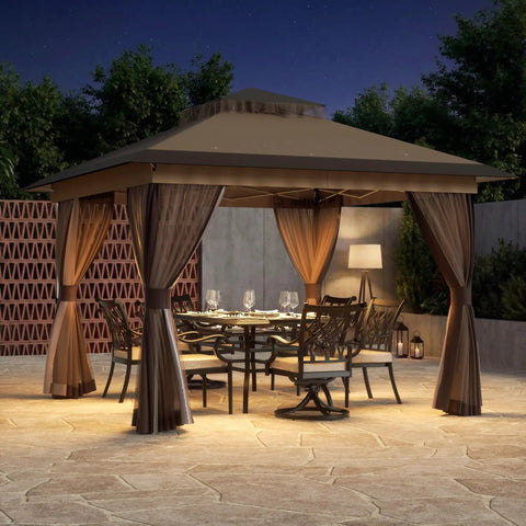 Dope Pop Up Gazebo Tent 11x11 Outdoor Canopy With Double Vent Roof, Waterproof UV Protection, setup with netting at night