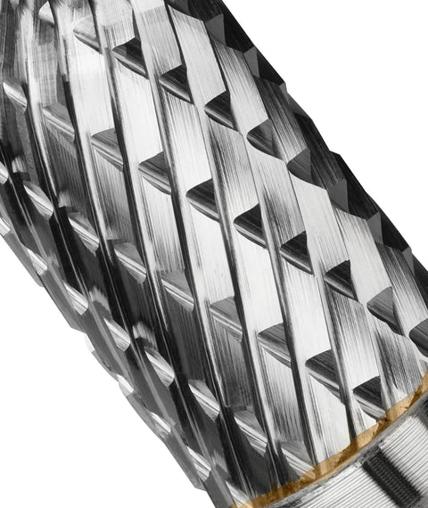 Carbide burr die grinder bit, 1/4 in shank, 1/2 in head, close-up of spiral flutes.