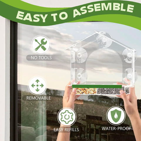 Epic Window Bird Feeder With Five Extra Strong Suction Cups For Outdoors, shown being installed on window