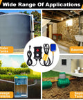 Sump Pump Alarm With 10ft Float Switch And 90dB Alarm, LED Power On Off Indicator, IP67 Waterproof shown with various applications like water tanks and basements