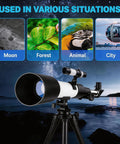 70mm Refractor Telescope For Beginners With 400mm Focal Length, AZ Mount With Tripod And Phone Adapter in various settings