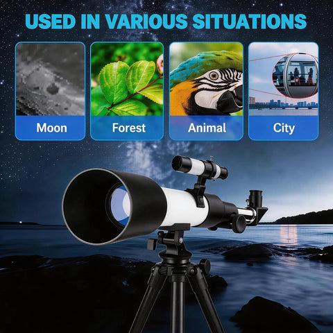 70mm Refractor Telescope For Beginners With 400mm Focal Length, AZ Mount With Tripod And Phone Adapter in various settings