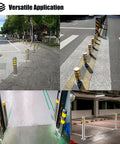 Tough As Nails 304 Stainless Steel Safety Bollard Post Concrete Floor Mounted Barrier Pole with yellow tape in various outdoor settings.
