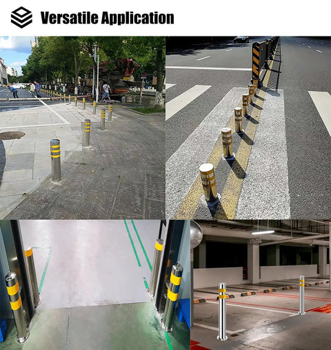 Tough As Nails 304 Stainless Steel Safety Bollard Post Concrete Floor Mounted Barrier Pole with yellow tape in various outdoor settings.