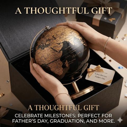 6 Inch World Globe With Antique Bronze Stand Dope Black And Gold Earth Desktop Decor for home, office, classroom in gift box