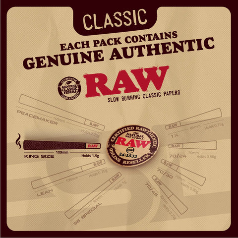 RAW Classic King Size Pre-Rolled Cones 100 Pack with Tips Slow Burning Easy Fill No Roll Needed displayed in authentic packaging.