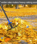 Heavy Duty Adjustable Metal Leaf Rake With Long Handle And Expandable Head From 8 To 17 Inches raking yellow leaves on path