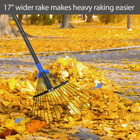 Heavy Duty Adjustable Metal Leaf Rake With Long Handle And Expandable Head From 8 To 17 Inches raking yellow leaves on path