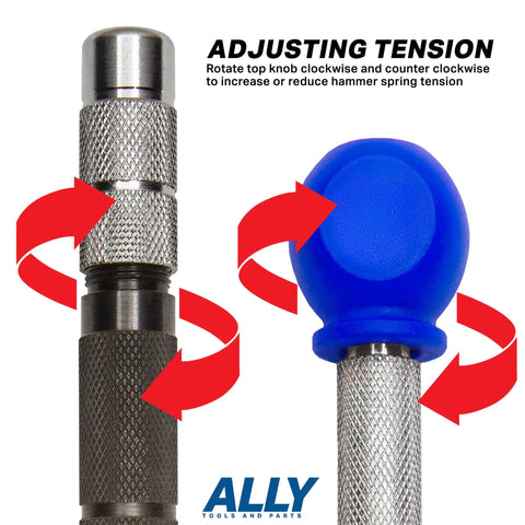 Adjusting tension on Straight Up Badass Heavy Duty Automatic Center Punch Kit with chrome body and knurled grip.