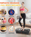 Woman using Vibration Plate Fitness Platform for full body workout at home, focusing on lymphatic drainage and wellness benefits.
