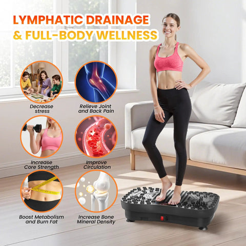 Woman using Vibration Plate Fitness Platform for full body workout at home, focusing on lymphatic drainage and wellness benefits.