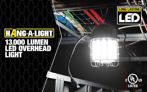 13,000 Lumen LED Overhead Work Light With Ceiling Mount Hook, 150W 120V, Stainless Steel Cage illuminated in dark workshop