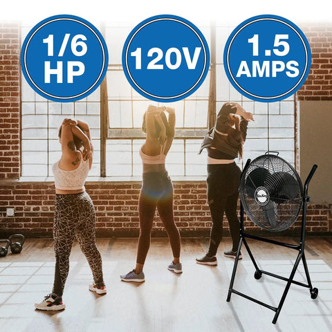 18-Inch Industrial Grade High Velocity Roll-About Fan Stand for Work Sites, Rugged and Portable Air Circulation in gym.