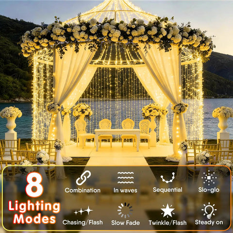 Wedding gazebo adorned with 1000 LED Christmas String Lights Outdoor 403 ft with 8 lighting modes, warm white, waterfall of lights