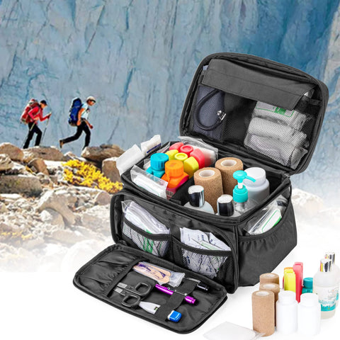 Damero small medicine storage bag opened with first aid supplies arranged for hiking