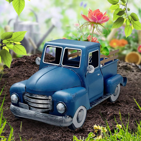 Old School Blue Metal Truck Planter Decor For Farmhouse Tables And Desks in garden setting with flowers
