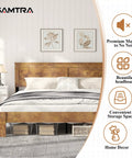 Rustic King Size Wooden Platform Bed Frame With Tall Headboard Open Horizontal Bar Design Natural Wood Grain Farmhouse Bedroom Foundation Built Different For Total Sleep Vibes with white bedding and patterned throw.
