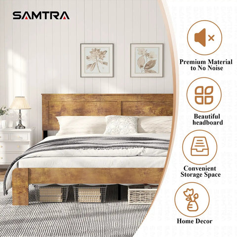 Rustic King Size Wooden Platform Bed Frame With Tall Headboard Open Horizontal Bar Design Natural Wood Grain Farmhouse Bedroom Foundation Built Different For Total Sleep Vibes with white bedding and patterned throw.