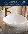 Sinkology Sagan 16.5 Inch Round Vessel Bathroom Sink, Crisp White Vitreous China Above-Counter Vanity Bowl with Drain and Coordinating Cap, No Overflow on countertop with faucet.