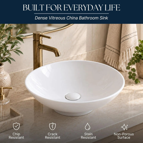 Sinkology Sagan 16.5 Inch Round Vessel Bathroom Sink, Crisp White Vitreous China Above-Counter Vanity Bowl with Drain and Coordinating Cap, No Overflow on countertop with faucet.