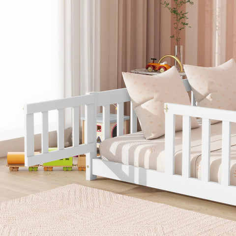 Full Size Floor Bed With Fence And Door For Toddlers And Kids, safe guardrails, wooden platform bed with white finish, side view