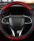 Rich Red Nappa Style Leather Steering Wheel Cover With Firm Anti Slip Grip Fits 14.5 To 15 Inch Cars Trucks And Suv, close-up view with perforated detailing.