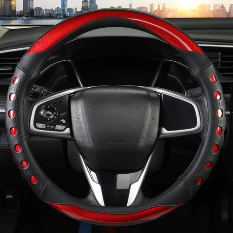 Rich Red Nappa Style Leather Steering Wheel Cover With Firm Anti Slip Grip Fits 14.5 To 15 Inch Cars Trucks And Suv, close-up view with perforated detailing.