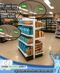Game Changing Curved Gondola Shelf Double Side Magnetic Base Sign Holder Rack Retail Store Aisle Walkway Section Markers And Labels Fast Gripping Easy Install 5 Pack showing labeled shelving for coffee and bread.