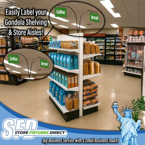 Game Changing Curved Gondola Shelf Double Side Magnetic Base Sign Holder Rack Retail Store Aisle Walkway Section Markers And Labels Fast Gripping Easy Install 5 Pack showing labeled shelving for coffee and bread.