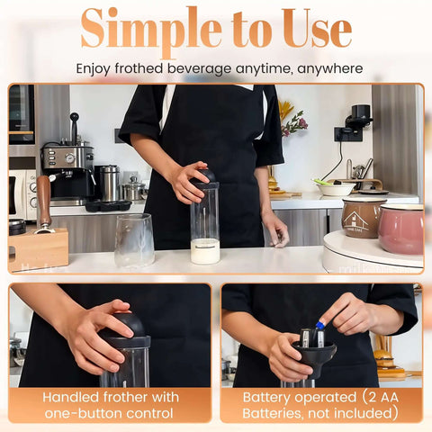 Milk Frother With Glass Pitcher Handheld Battery Operated Foam Maker for Coffee Latte Cappuccino use demonstration