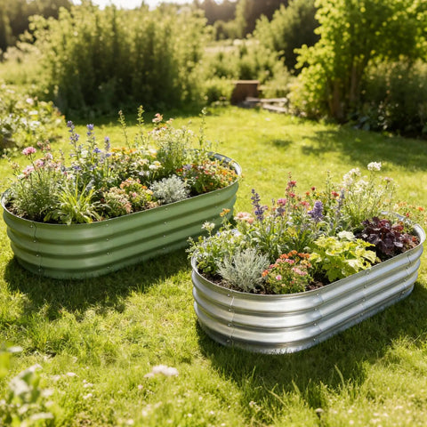 Galvanized Raised Garden Bed Kit Outdoor Oval Planter Boxes For Vegetables Fruits And Flowers Heavy Duty Metal Easy Assembly 4x2x1 Ft Per Bed 2 Pack Silver installed with lush plants in a garden setting.