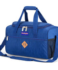 Blue underseat personal item duffle bag measures 17 by 10 by 9 inches, fits major airlines like Spirit JetBlue Frontier American Navy.