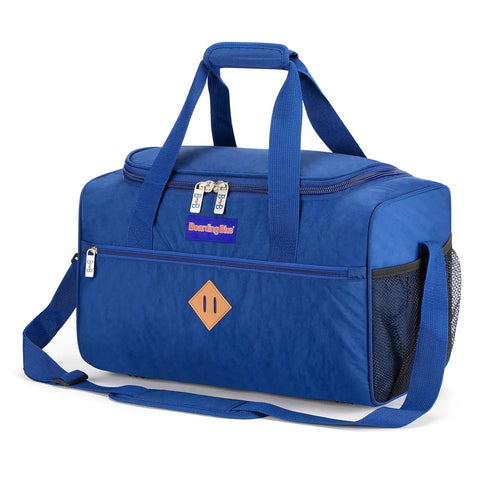 Blue underseat personal item duffle bag measures 17 by 10 by 9 inches, fits major airlines like Spirit JetBlue Frontier American Navy.