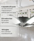 15,000 Lumen LED Adjustable 4 Panel Garage Light installed in a garage showing folding panels and bright illumination
