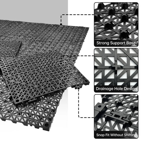 Modular Interlocking Cushion Drainage Floor Tiles 9 Pack 11.8 By 11.8 Inches PVC Raised 0.5 Inch Thick Non Slip Mats With Drain Holes