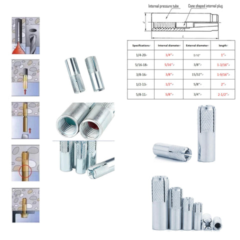 Knurled Drop In Anchors One Quarter Inch Twenty Thread For Solid Concrete Internal Forced Expansion Carbon Steel Zinc Plated Silver 50 Pieces Secure Corrosion Resistant Anchors For Reliable Concrete Fastening image with various close-ups, installation steps, and dimensions displayed.