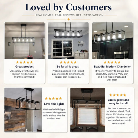 Customer reviews of Dope 3 Light Dining Room Fixture with Modern Farmhouse Vibe, showcasing various kitchen installations and feedback.